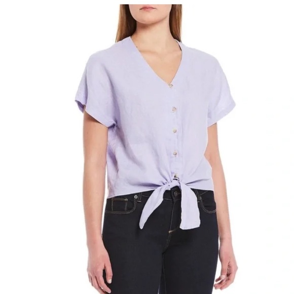 Cremieux Lavendar Linen Purple Button Down Tie Blouse Sz Large - Picture 1 of 7